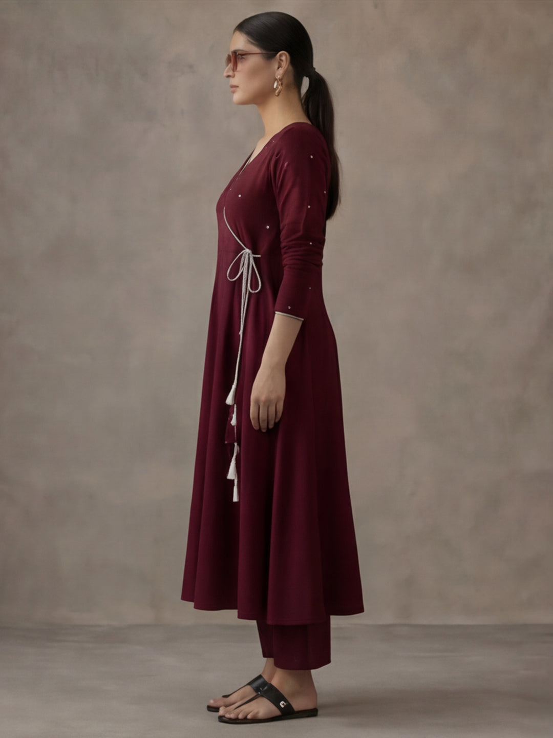 Women Maroon Angrakha Style Cotton Flared Kurta with Palazzos