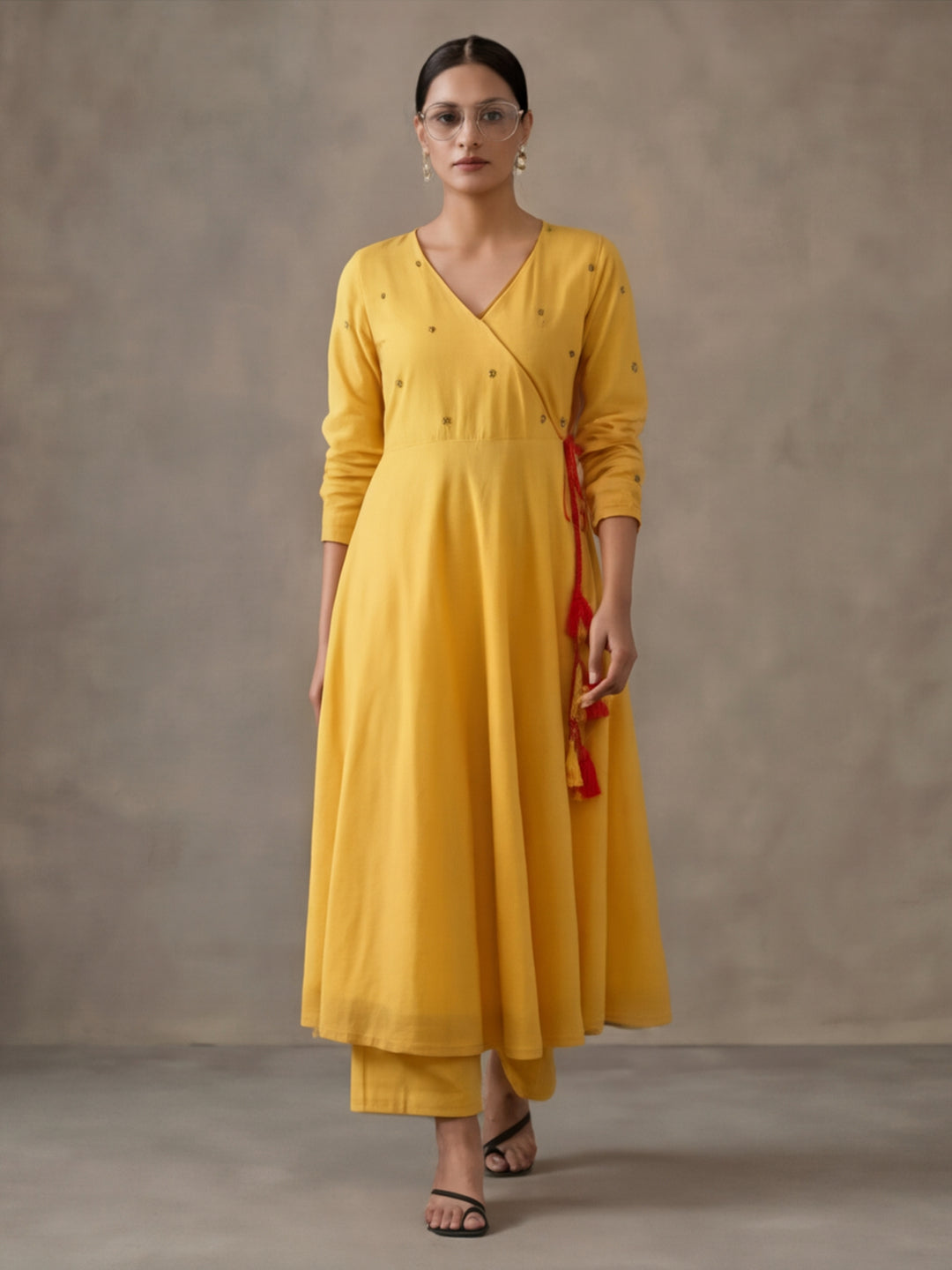 Women Mustard Angrakha Style Cotton Flared Kurta with Palazzos