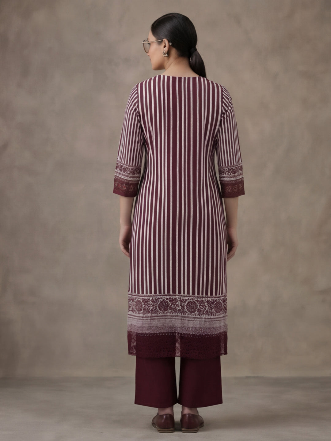 Striped Printed Thread Work Pure Cotton Kurta With Pant & Mulmul Dupatta