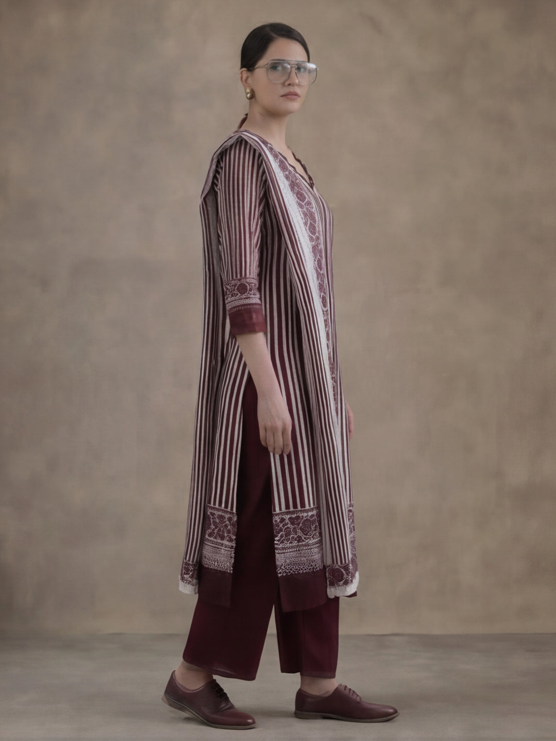 Striped Printed Thread Work Pure Cotton Kurta With Pant & Mulmul Dupatta