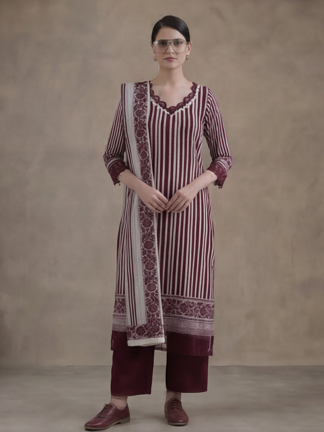 Striped Printed Thread Work Pure Cotton Kurta With Pant & Mulmul Dupatta