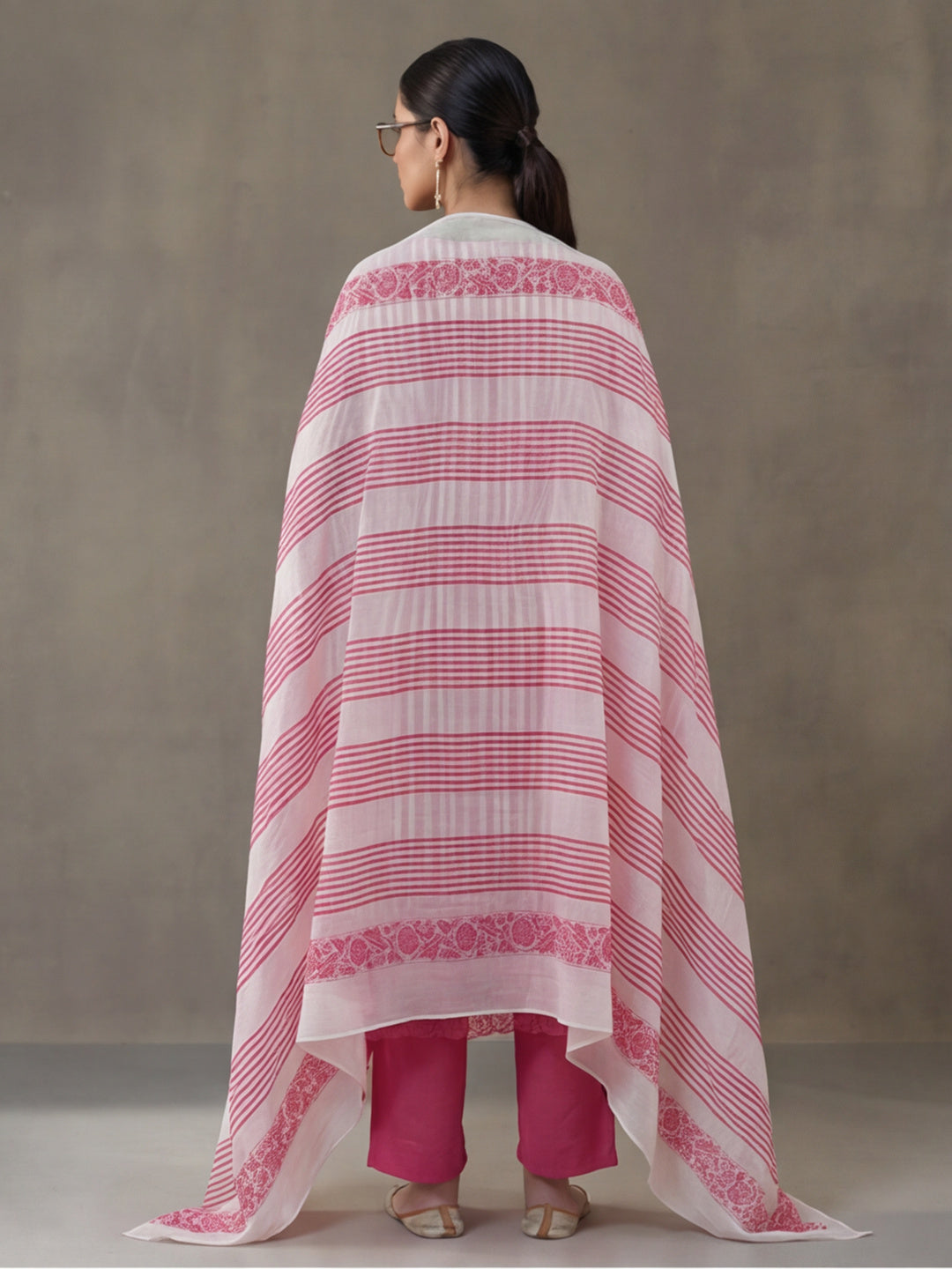 Striped Printed Thread Work Pure Cotton Kurta With Pant & Mulmul Dupatta