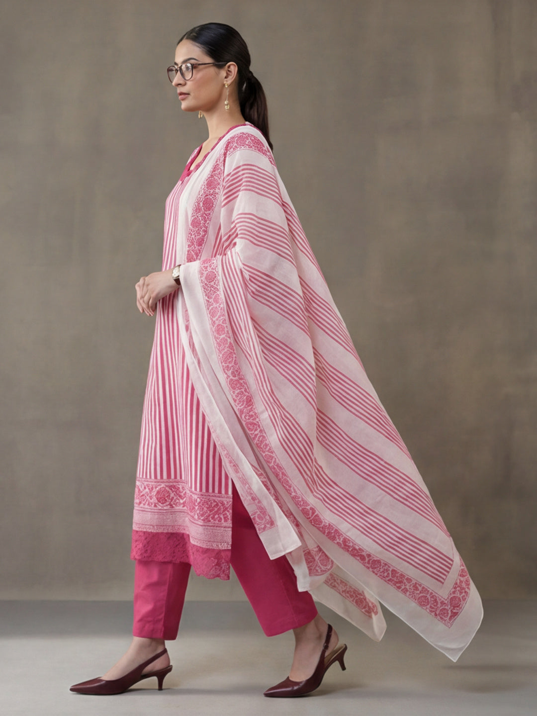 Striped Printed Thread Work Pure Cotton Kurta With Pant & Mulmul Dupatta
