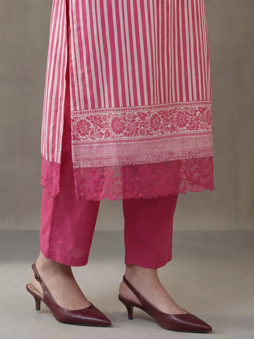 Striped Printed Thread Work Pure Cotton Kurta With Pant & Mulmul Dupatta