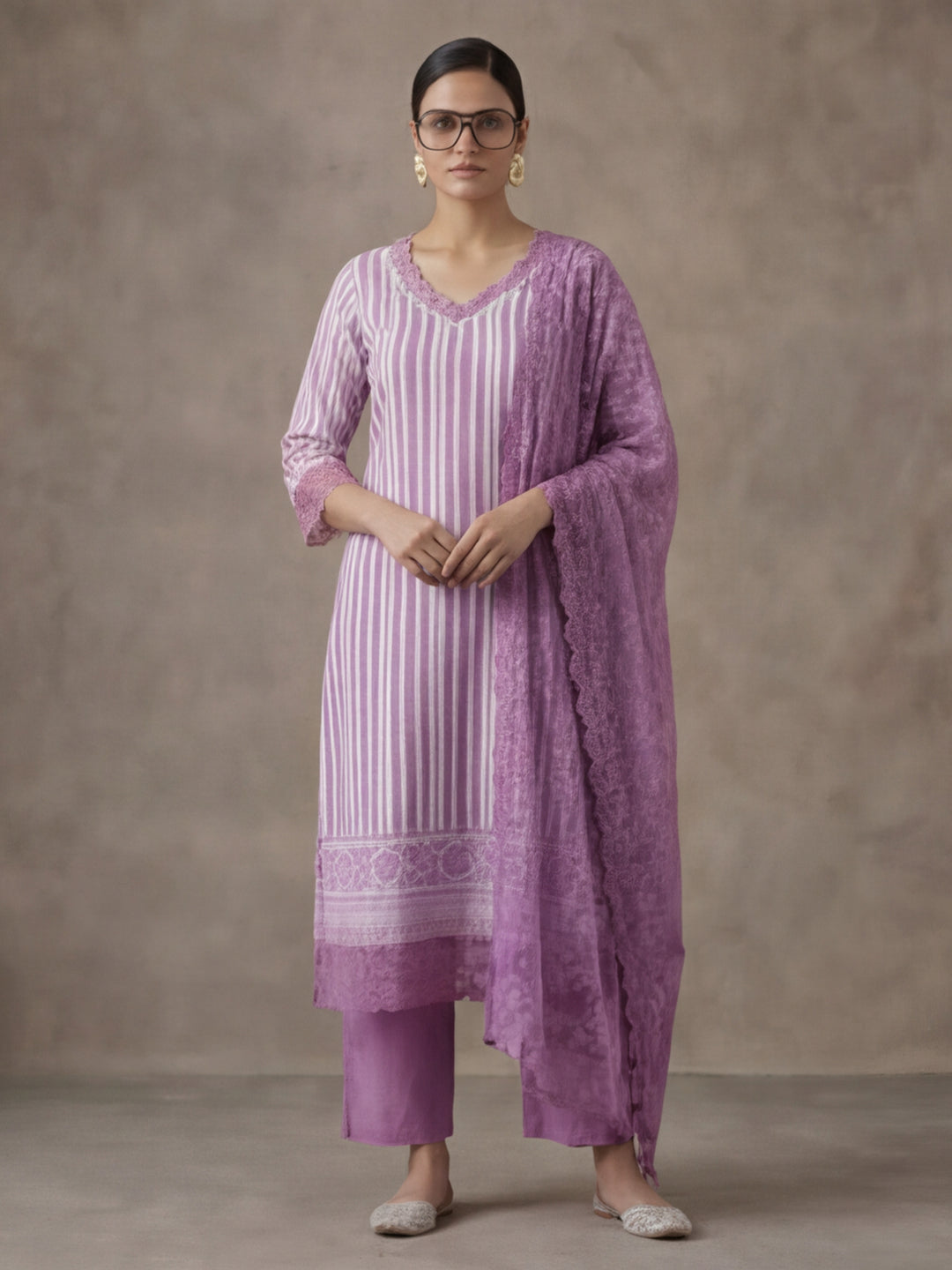 Striped Printed Thread Work Pure Cotton Kurta With Pant & Mulmul Dupatta
