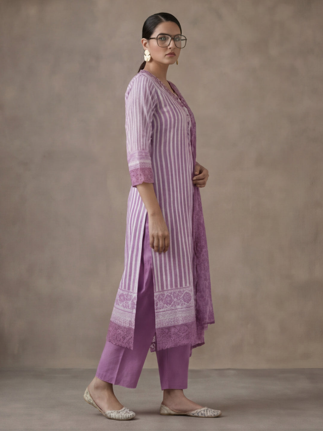 Striped Printed Thread Work Pure Cotton Kurta With Pant & Mulmul Dupatta