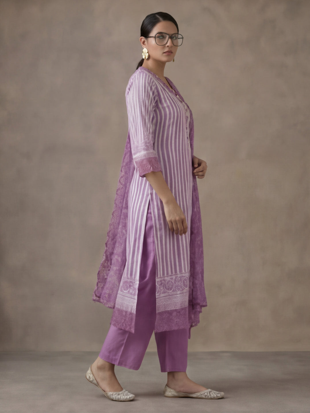 Striped Printed Thread Work Pure Cotton Kurta With Pant & Mulmul Dupatta