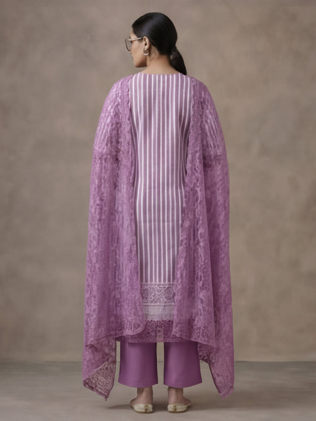 Striped Printed Thread Work Pure Cotton Kurta With Pant & Mulmul Dupatta