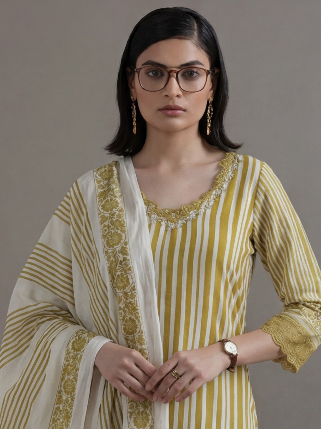 Striped Printed Thread Work Pure Cotton Kurta With Pant & Mulmul Dupatta