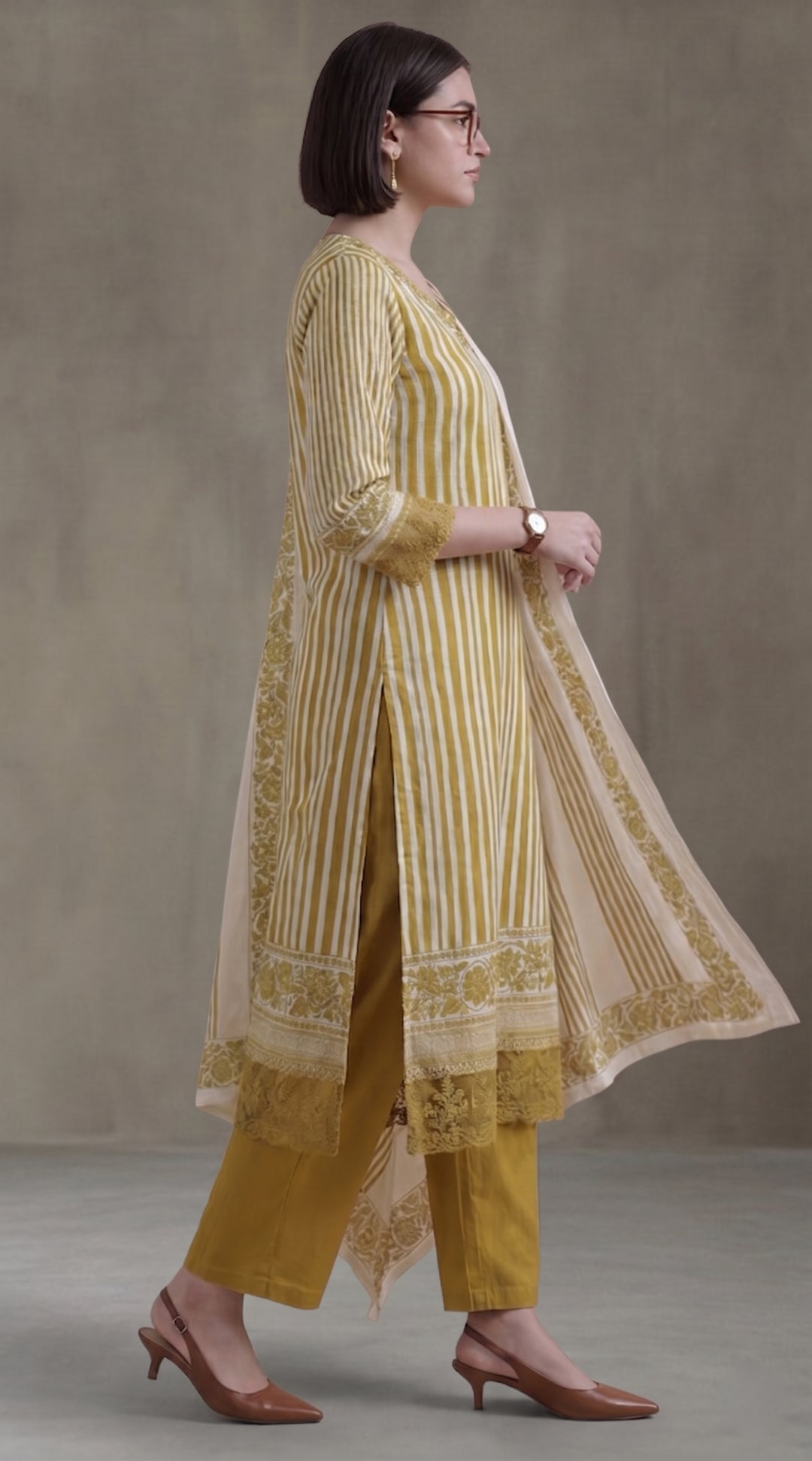 Striped Printed Thread Work Pure Cotton Kurta With Pant & Mulmul Dupatta