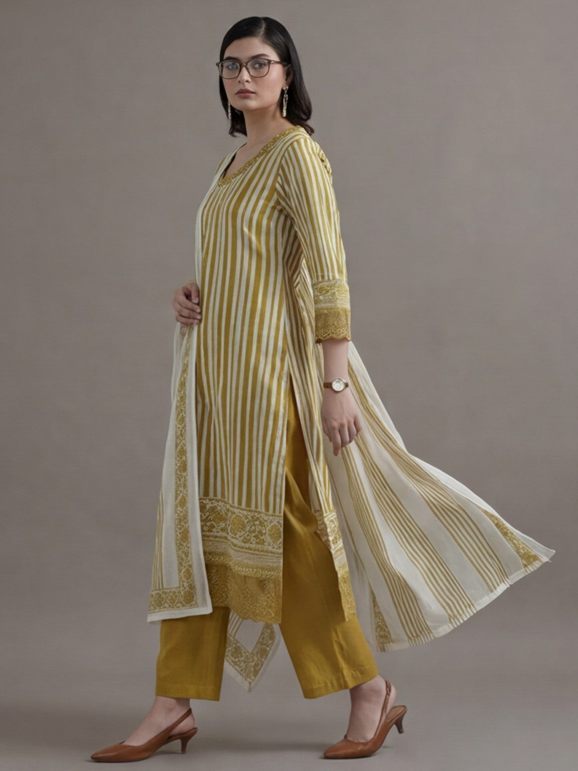 Striped Printed Thread Work Pure Cotton Kurta With Pant & Mulmul Dupatta