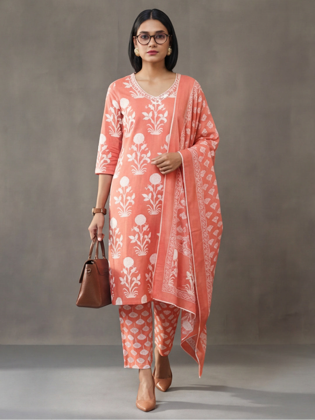 Floral Embroidered Straight Kurta & Trousers Sets