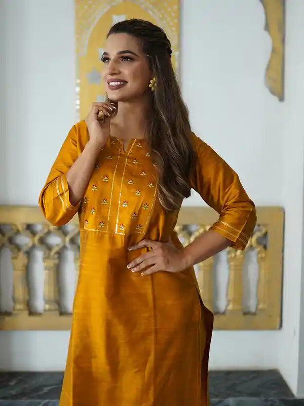 Straight Silk Embroidered Mustard Straight Kurta With Pants