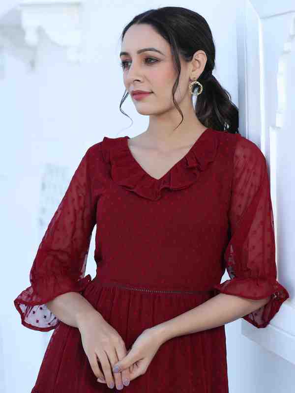 Maroon Color Polka Self Weave Georgette Tiered Lace Inserted Dress
