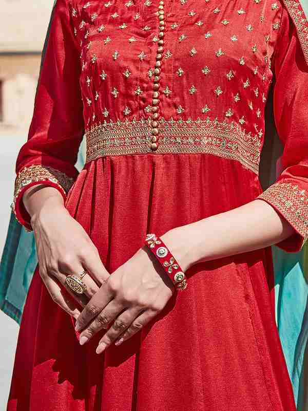 Red Zari Work Floor Length Anarkali Kurta With Sea Green Organza Embellished Dupatta