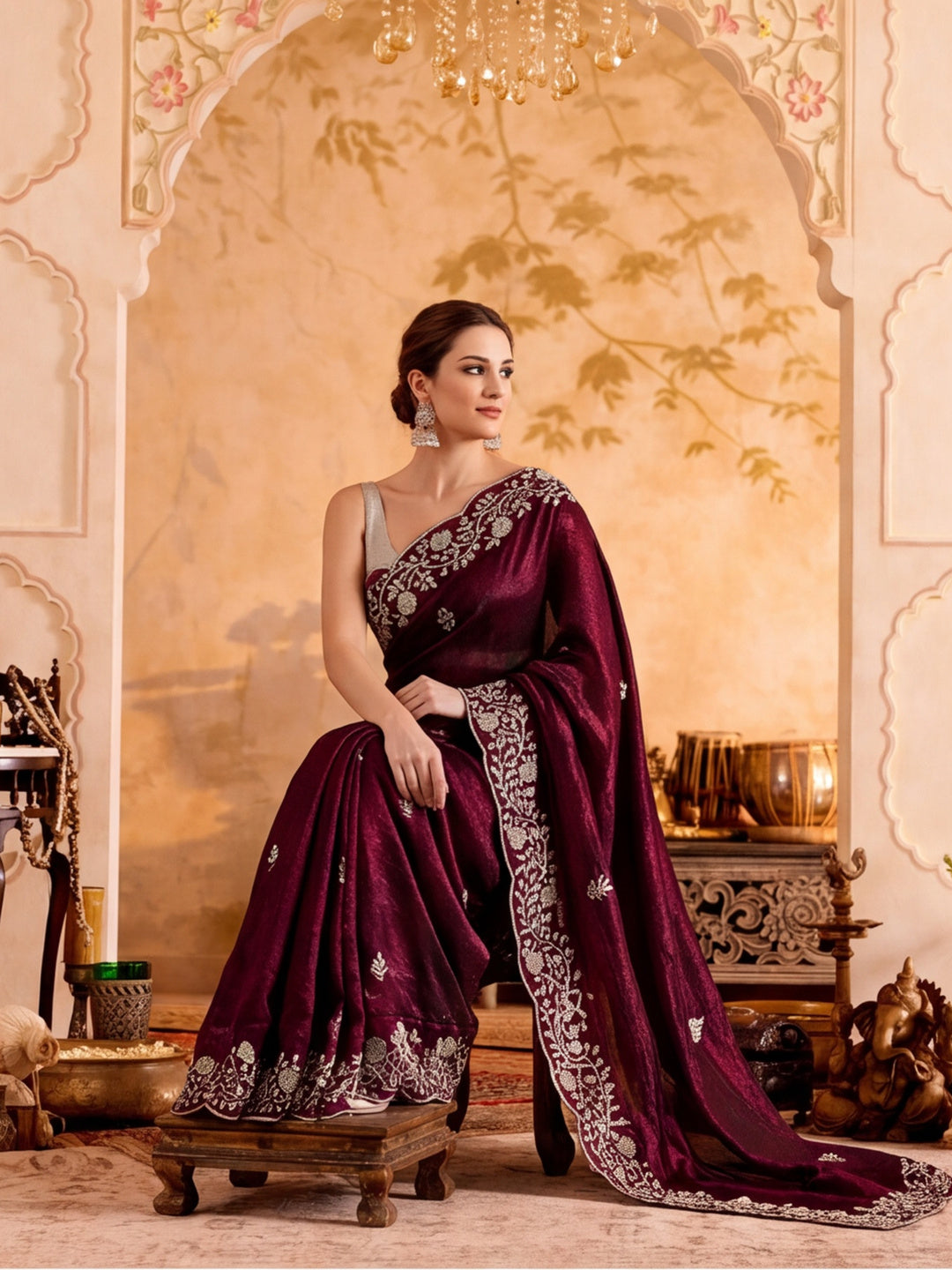 Embroidered Work Silk Saree With Unstitched Blouse Piece