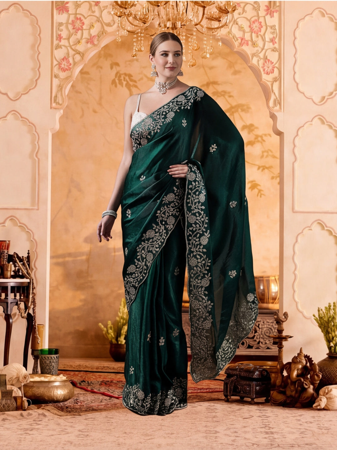 Embroidered Work Silk Saree With Unstitched Blouse Piece