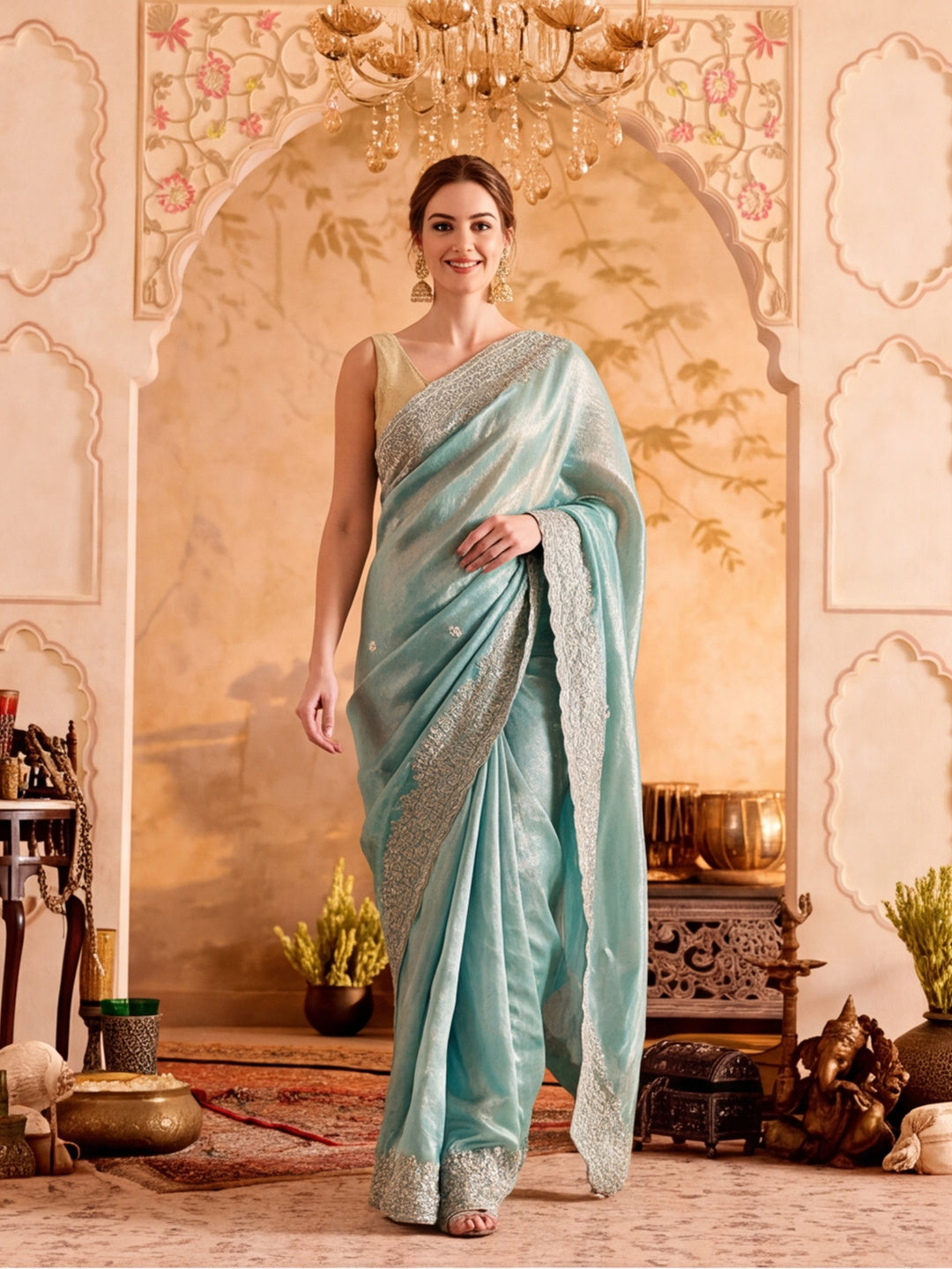 Embroidered Work Silk Saree With Unstitched Blouse Piece