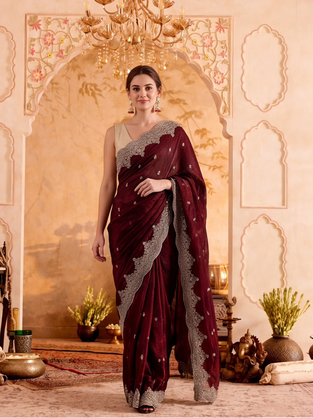 Embroidered Work Silk Saree With Unstitched Blouse Piece