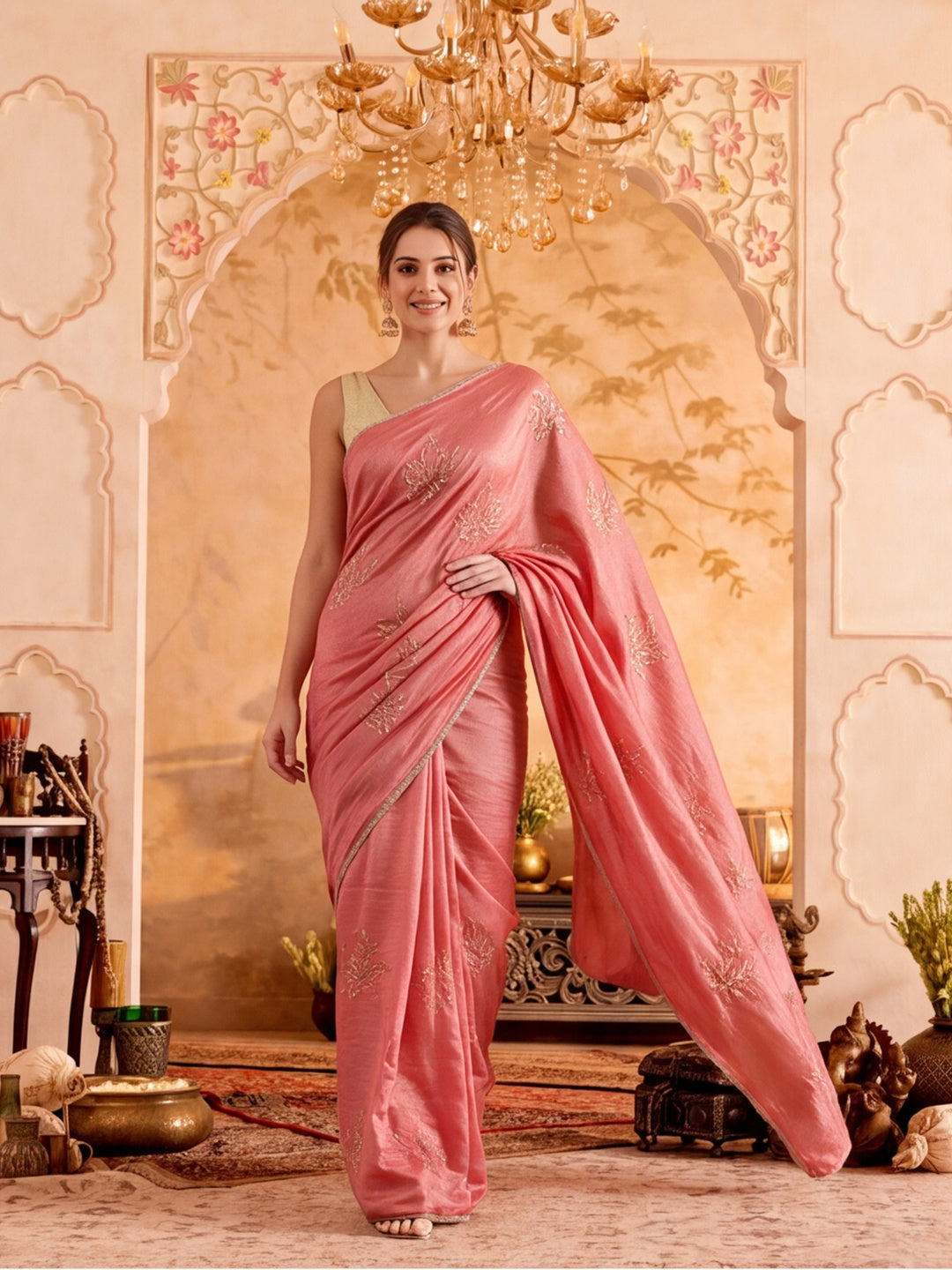 Embroidered Work Silk Saree With Unstitched Blouse Piece