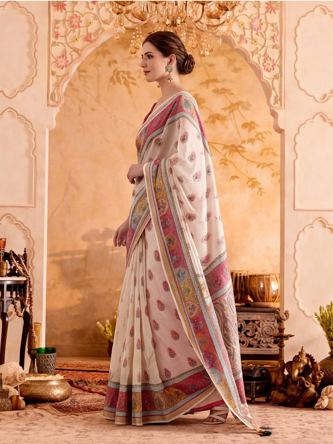 Fancy Printed With Mirror Work Cotton saree With Unstitched Blouse Piece