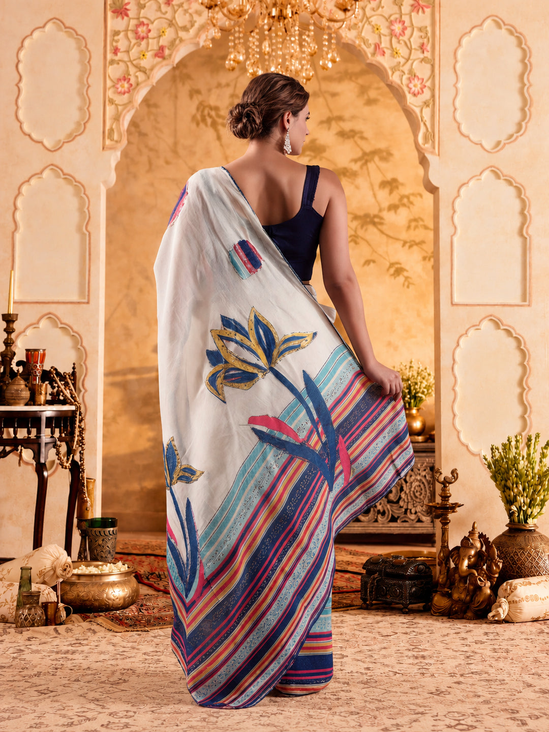 Fancy Printed With Stone Work Cotton saree With Unstitched Blouse Piece
