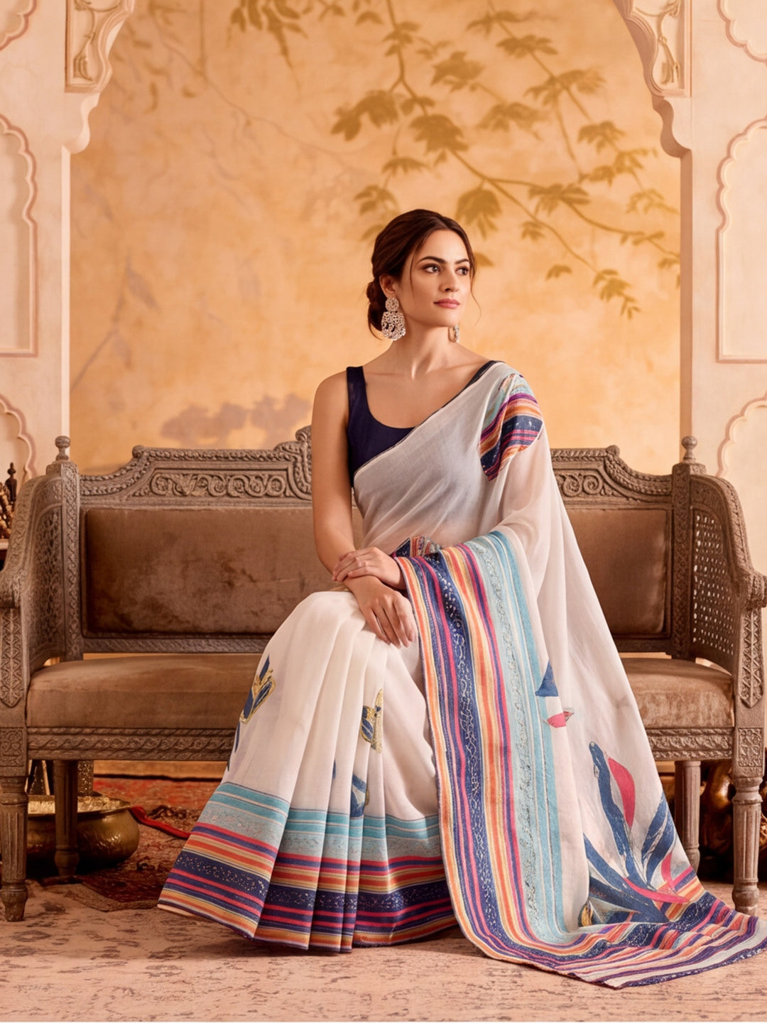 Fancy Printed With Stone Work Cotton saree With Unstitched Blouse Piece