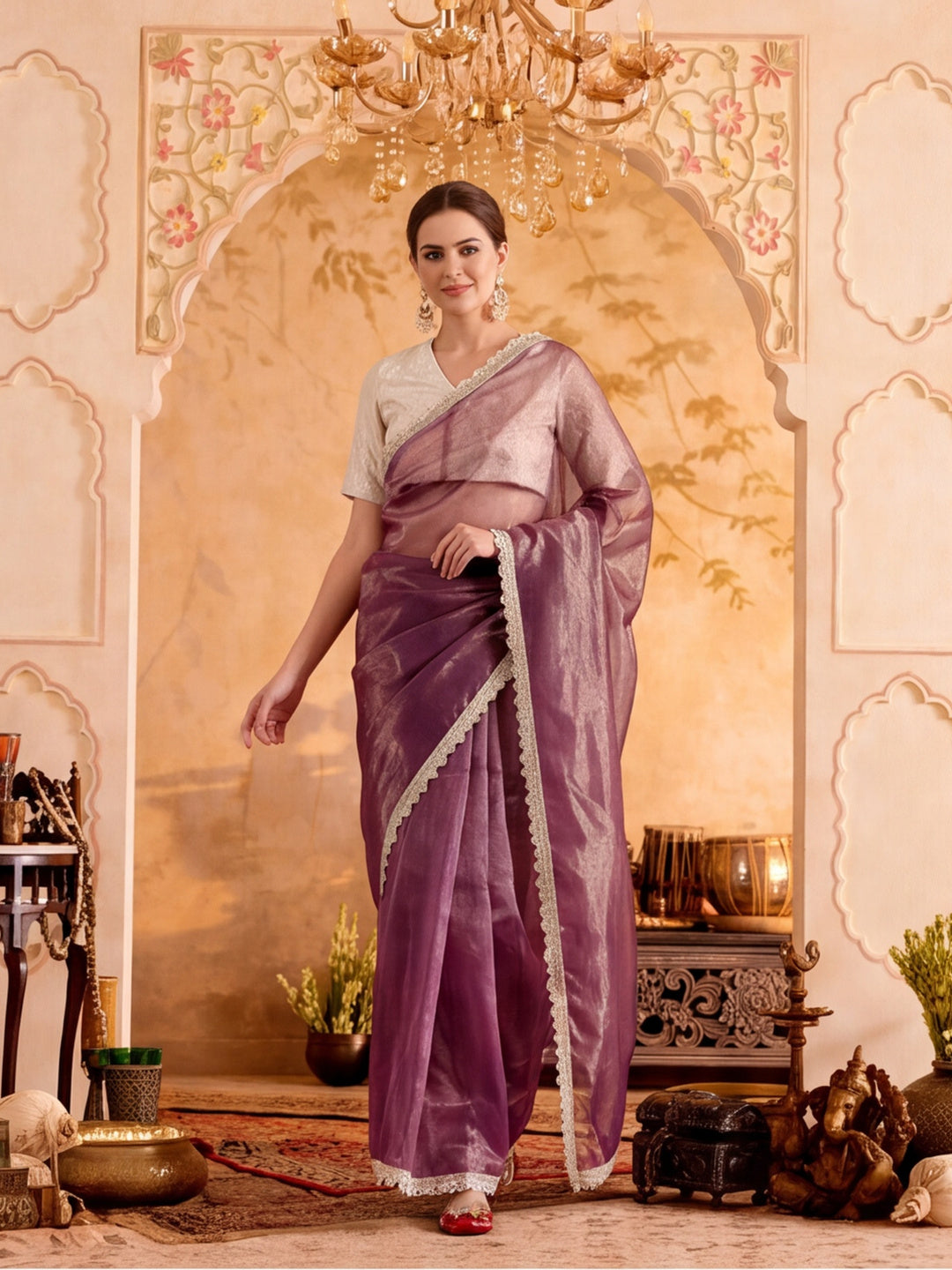 Lightweight Net Saree With Fancy Lace Border With Unstitched Blouse Piece