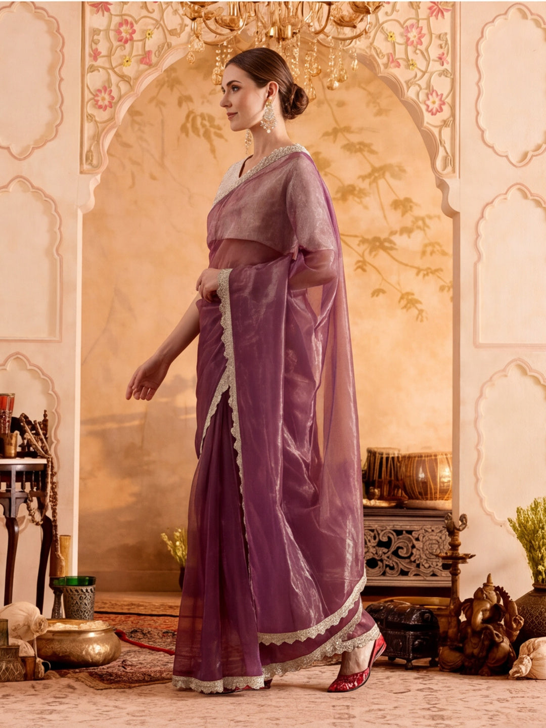 Lightweight Net Saree With Fancy Lace Border With Unstitched Blouse Piece