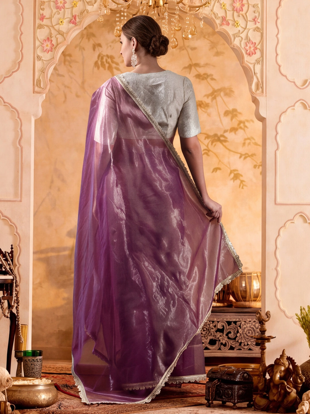 Lightweight Net Saree With Fancy Lace Border With Unstitched Blouse Piece