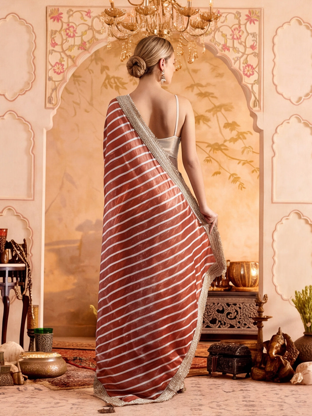 Designer Printed Silk Saree With Beads Work Lace Border With Unstitched Blouse Piece