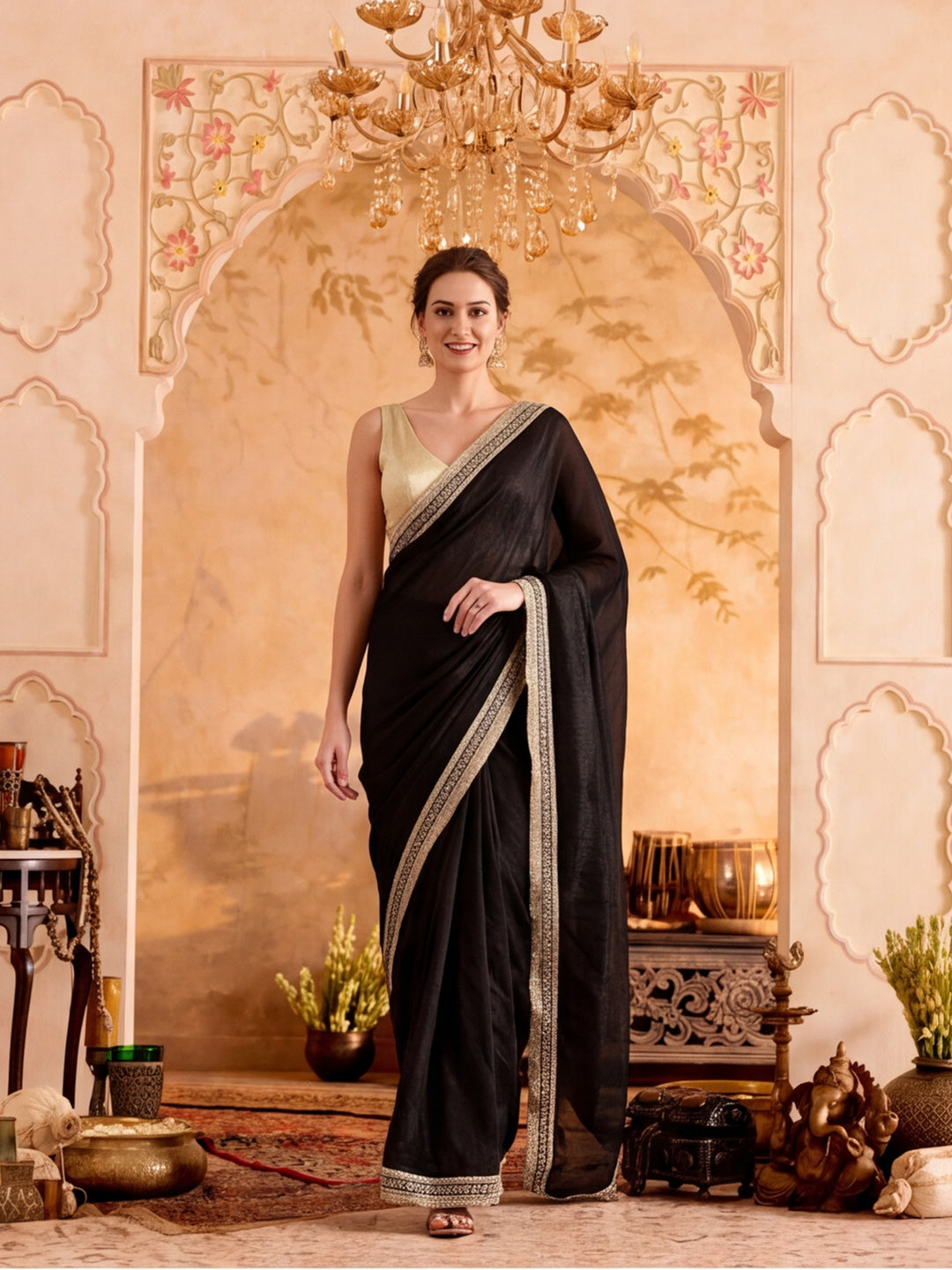 Designer Silk Saree With Fancy Lace Border With Unstitched Blouse Piece
