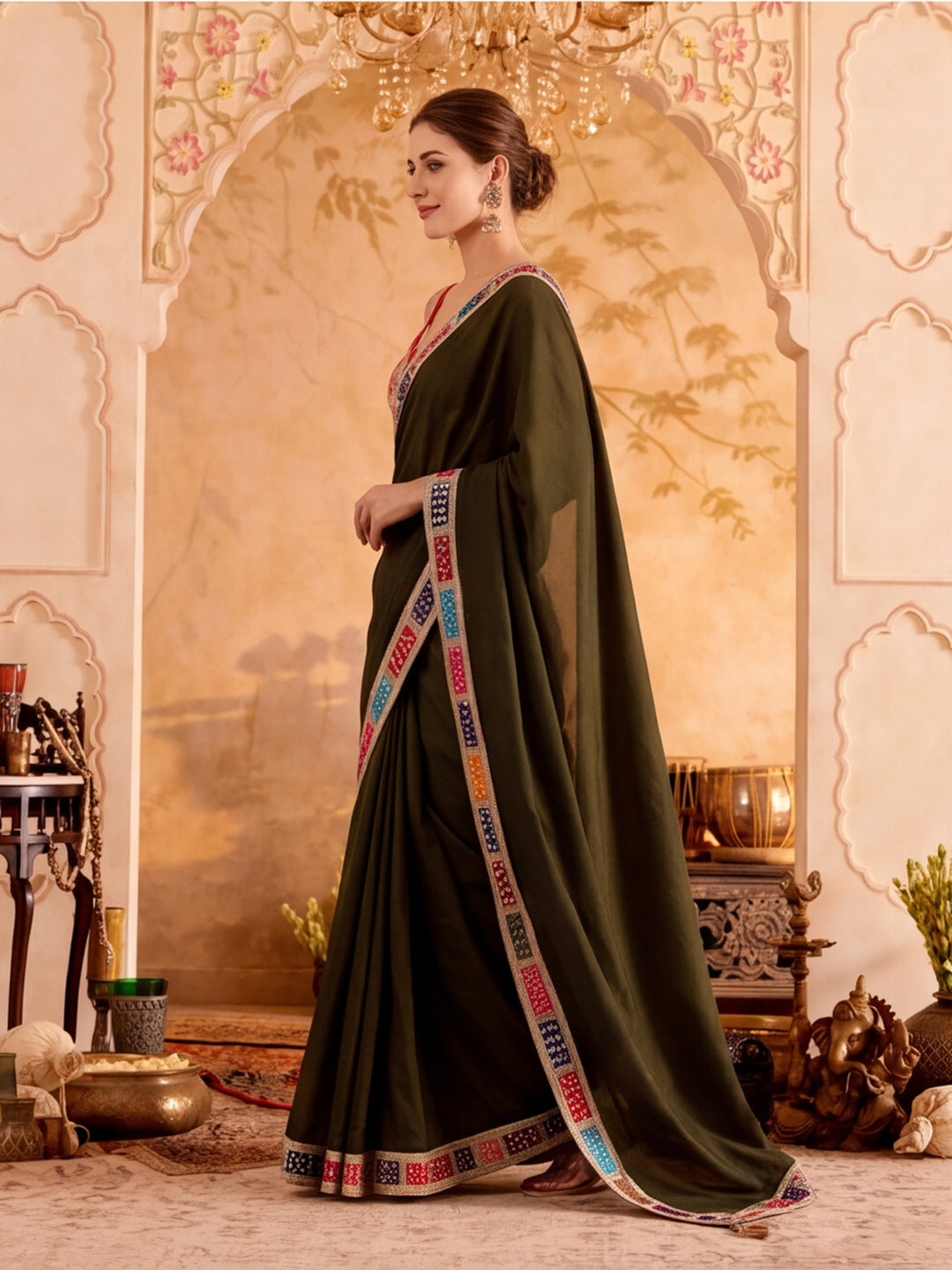 Designer Silk Saree With Fancy Bandhej Print Lace Border With Unstitched Blouse Piece