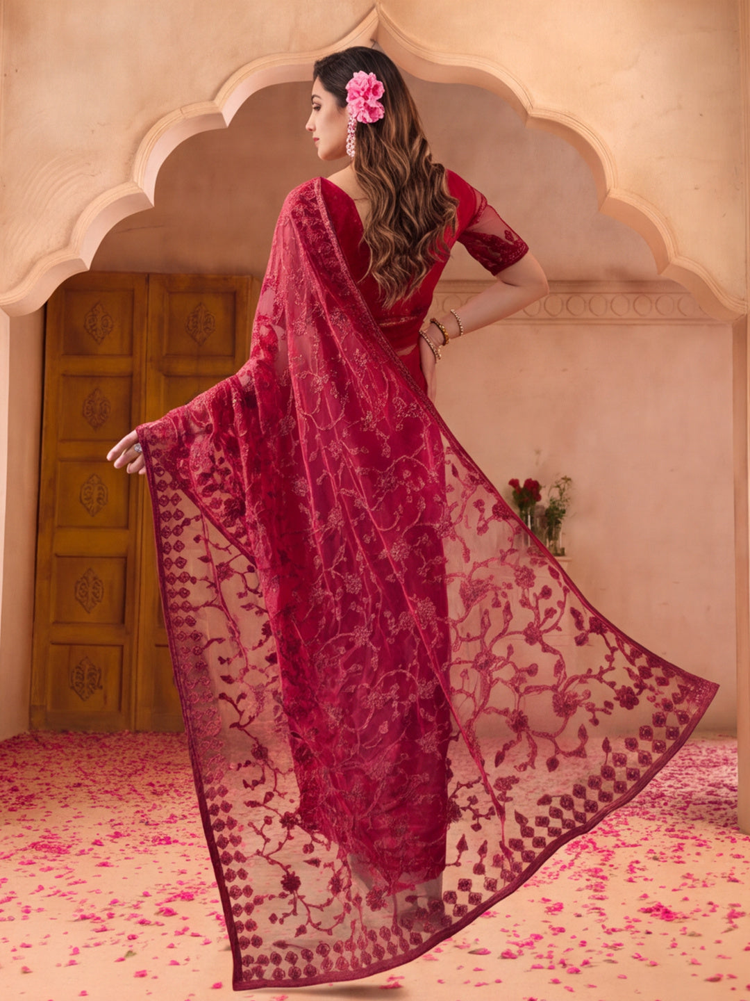 Maroon Embroidered Sheer Saree with Floral Motifs