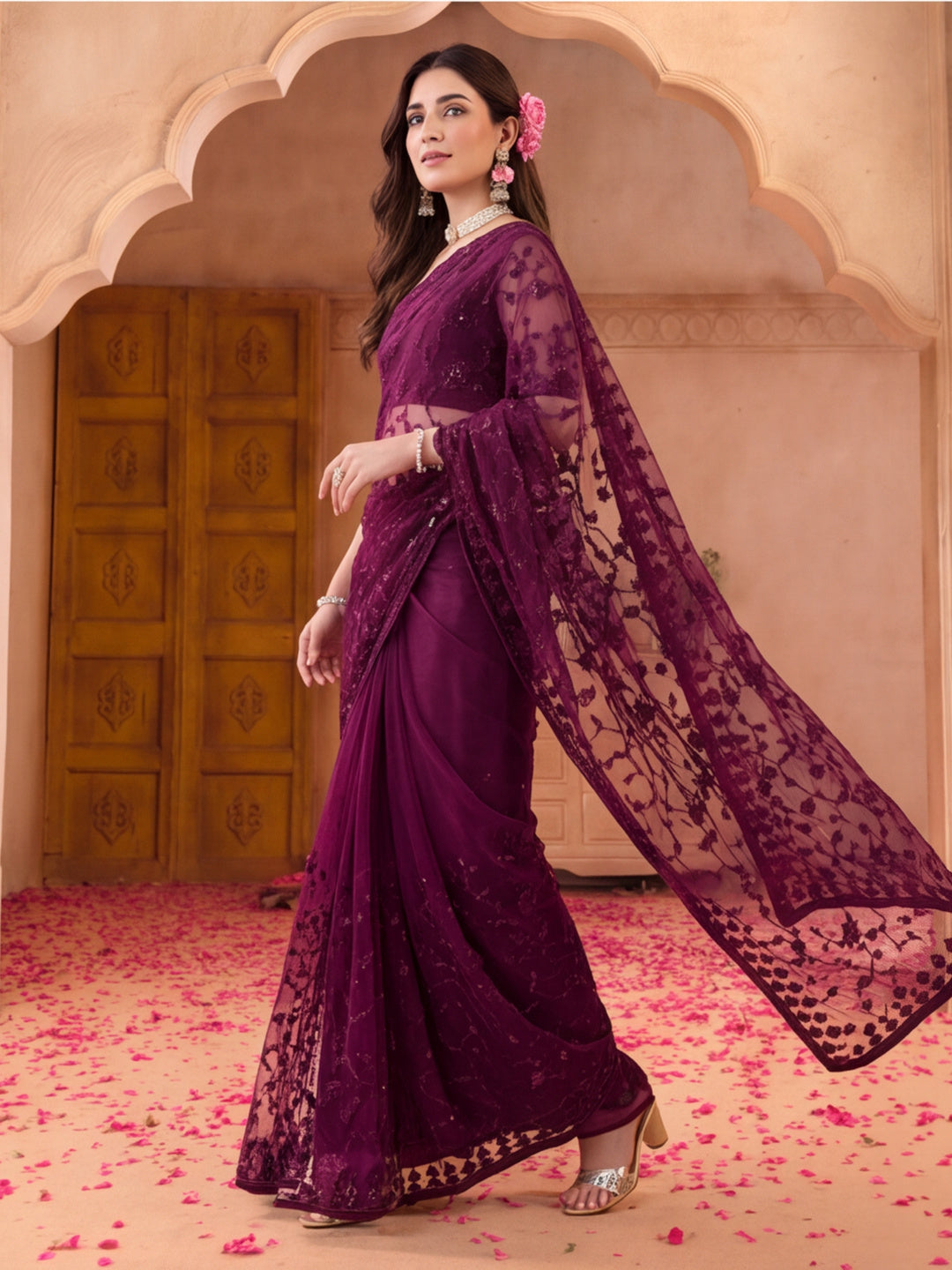 Purple Embroidered Sheer Saree with Floral Motifs