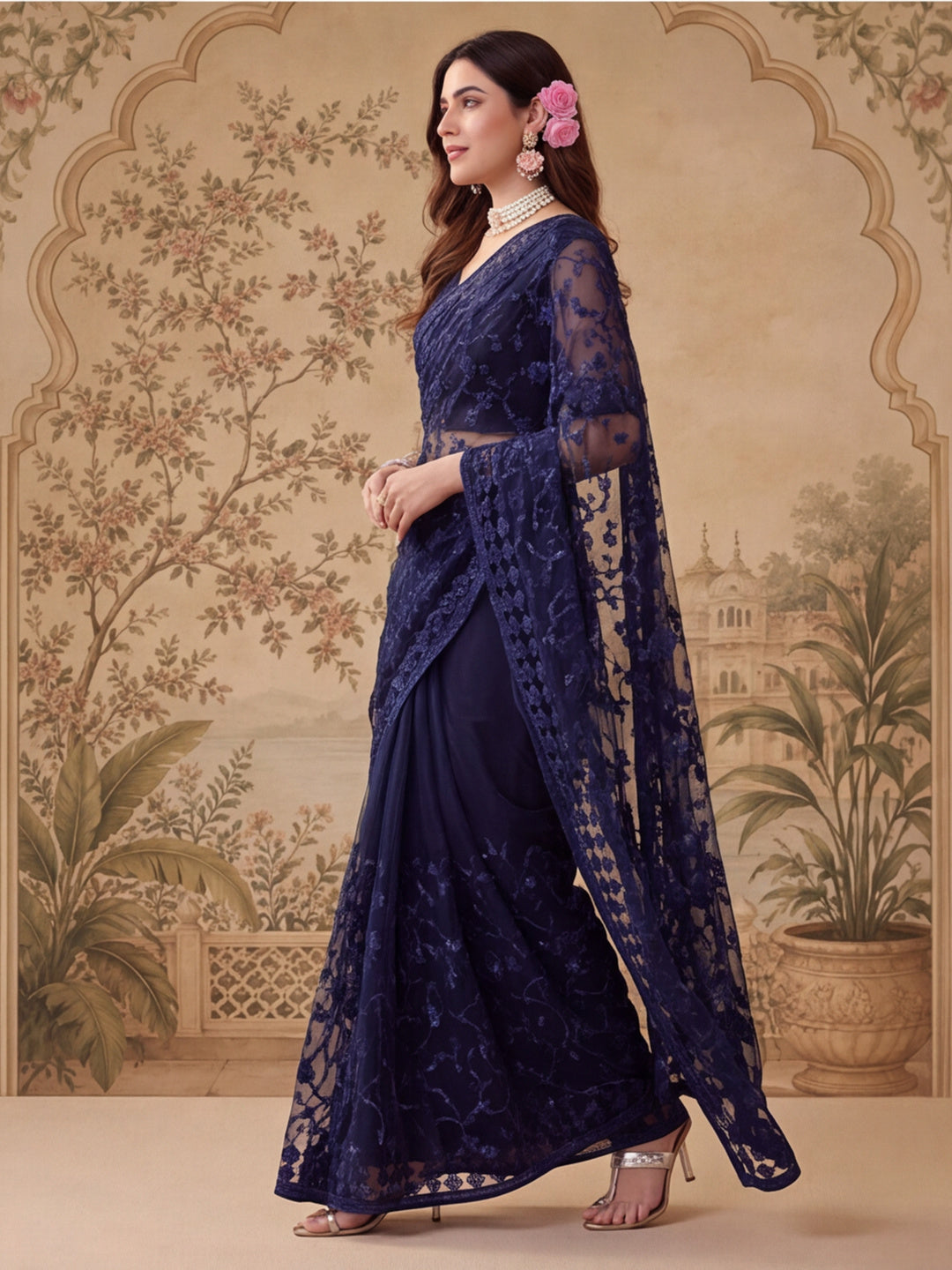 Navy Blue Embroidered Sheer Saree with Floral Motifs