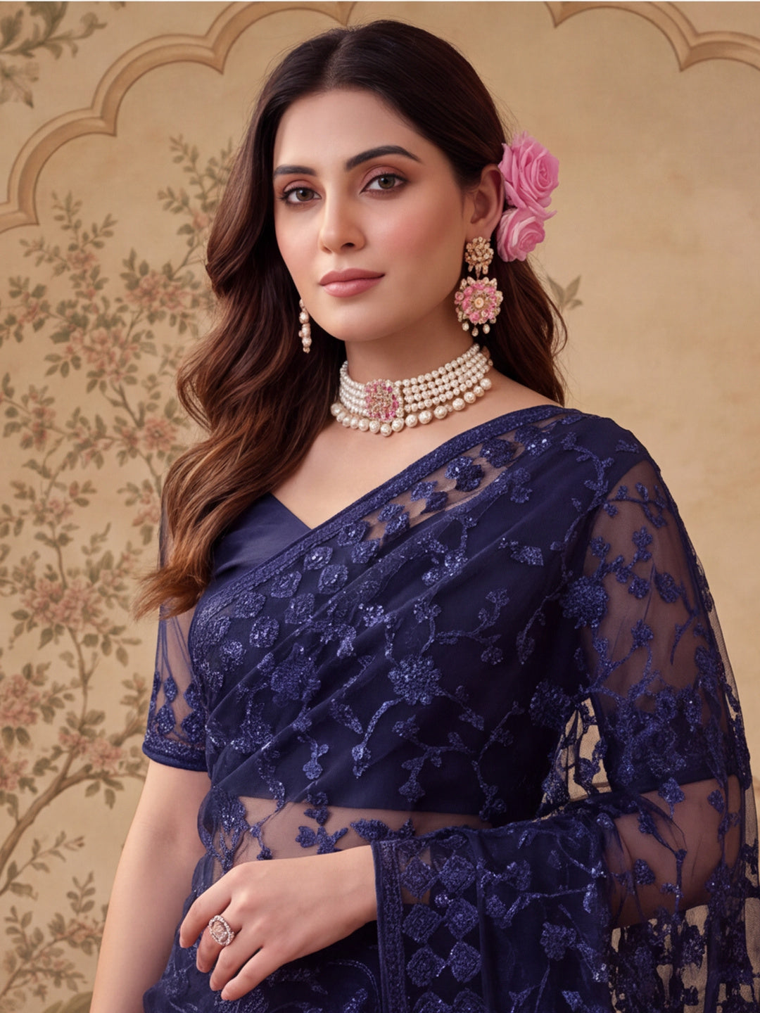 Navy Blue Embroidered Sheer Saree with Floral Motifs