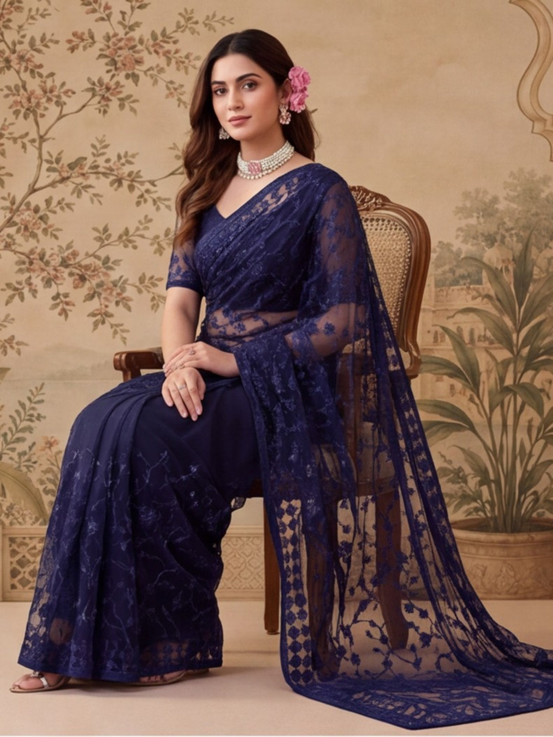 Navy Blue Embroidered Sheer Saree with Floral Motifs