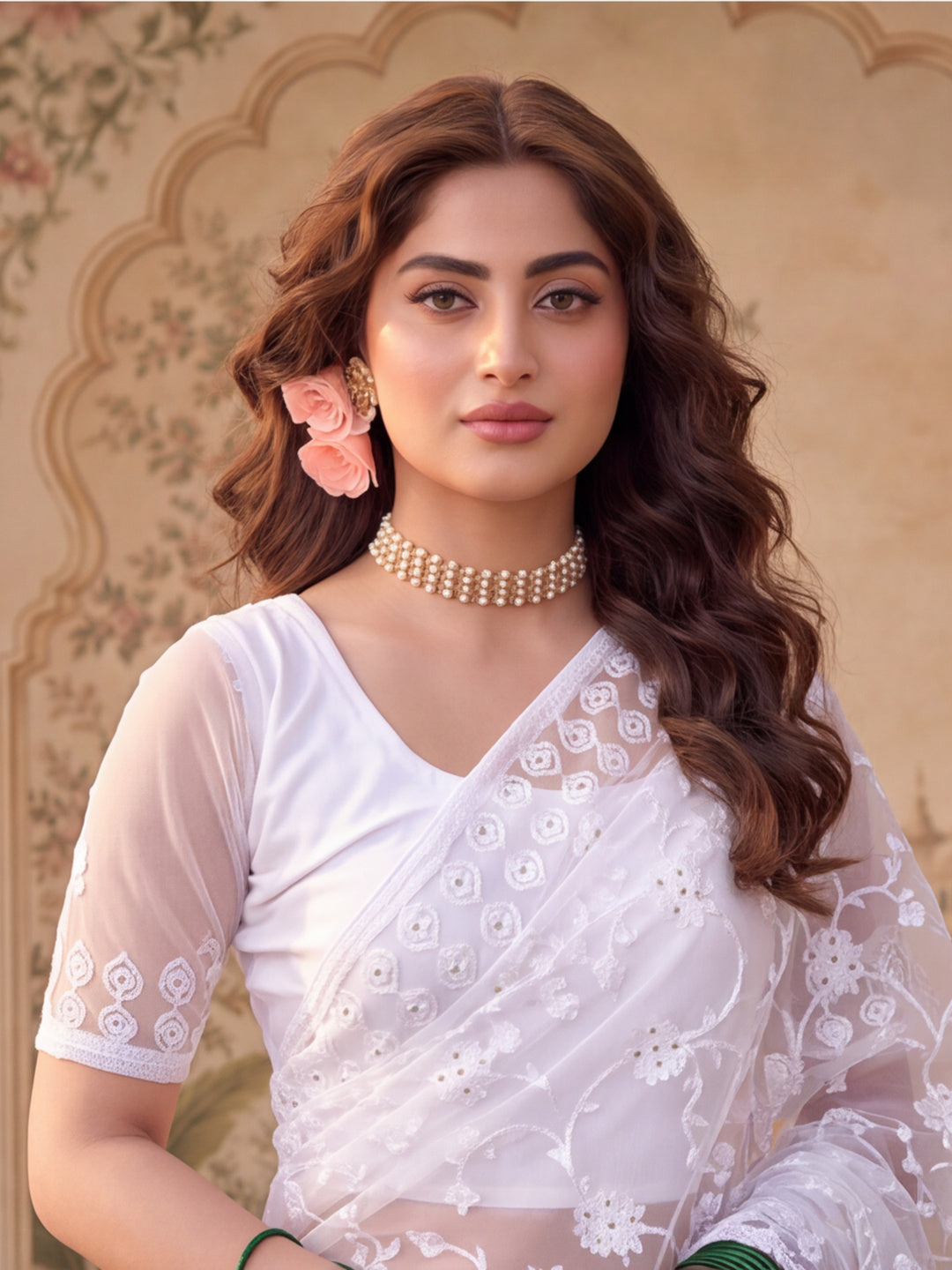 White Blue Embroidered Sheer Saree with Floral Motifs