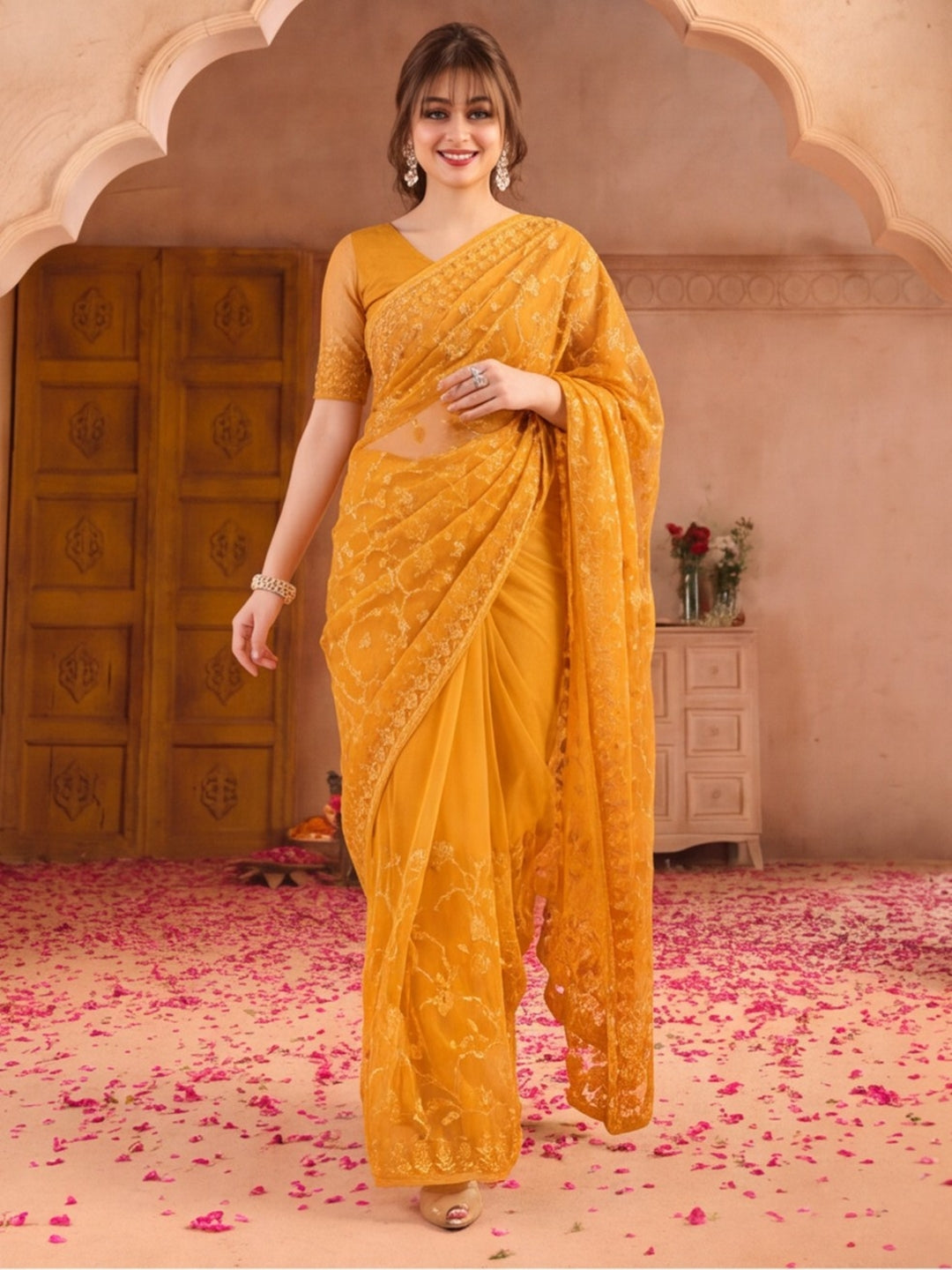 Mustard Blue Embroidered Sheer Saree with Floral Motifs