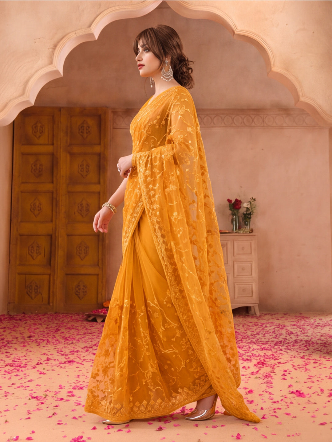 Mustard Blue Embroidered Sheer Saree with Floral Motifs