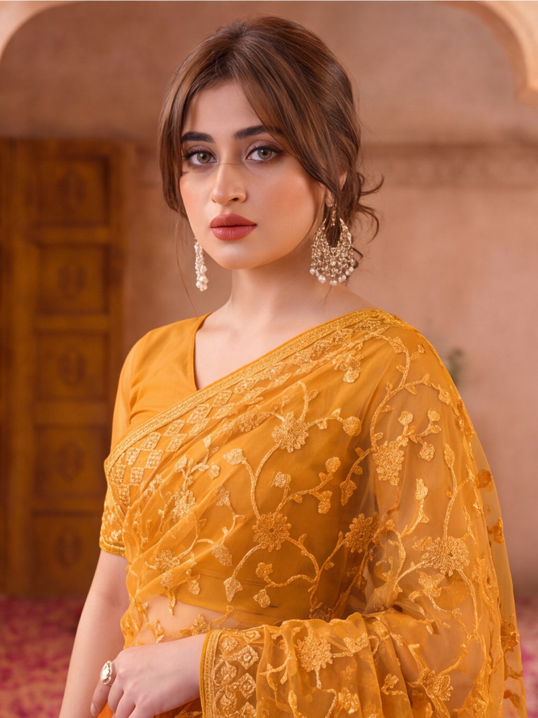 Mustard Blue Embroidered Sheer Saree with Floral Motifs