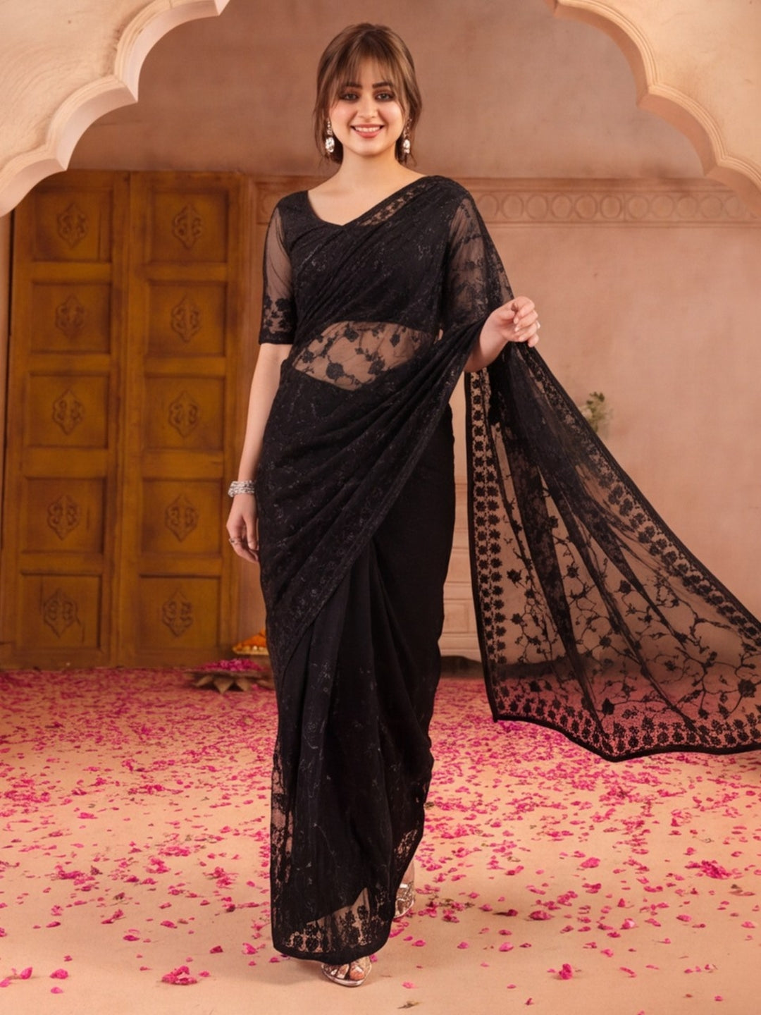 Black Blue Embroidered Sheer Saree with Floral Motifs