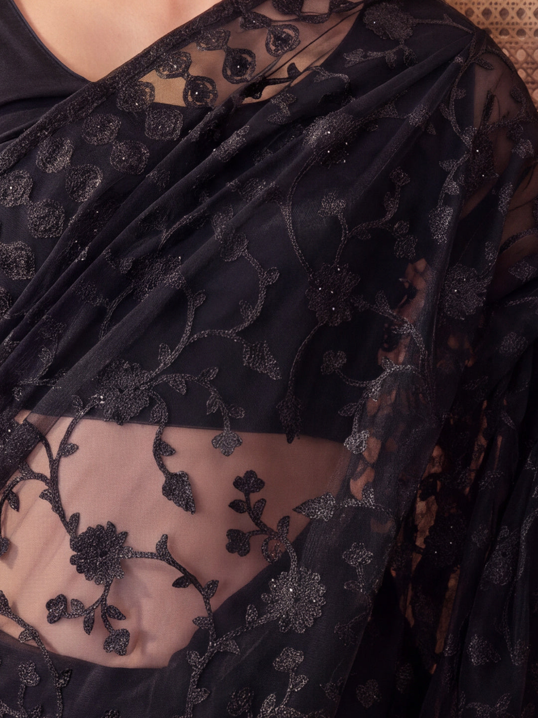Black Blue Embroidered Sheer Saree with Floral Motifs