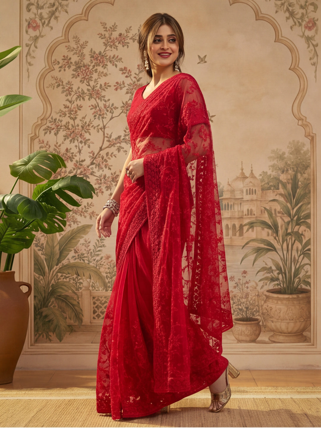 Red Embroidered Sheer Saree with Floral Motifs
