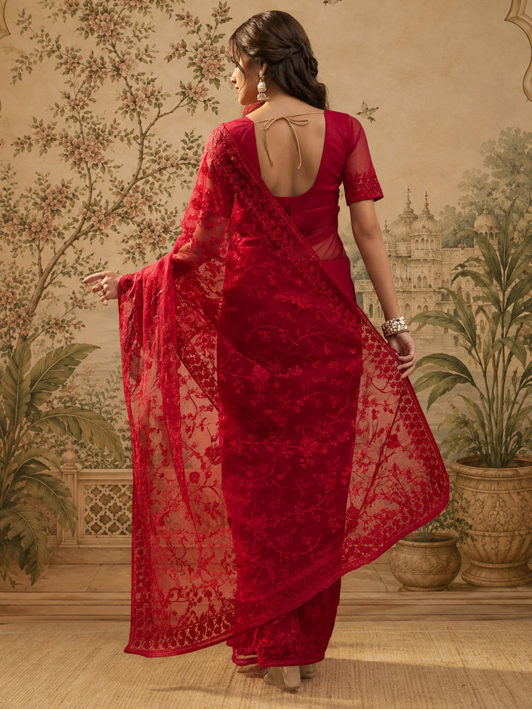 Red Embroidered Sheer Saree with Floral Motifs