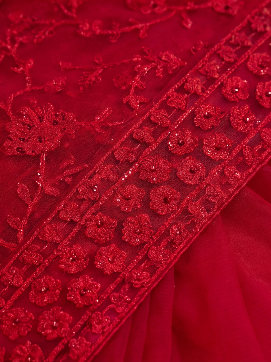 Red Embroidered Sheer Saree with Floral Motifs