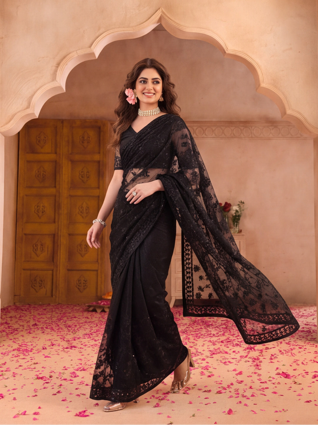 Black Embroidered Sheer Saree with Floral Motifs