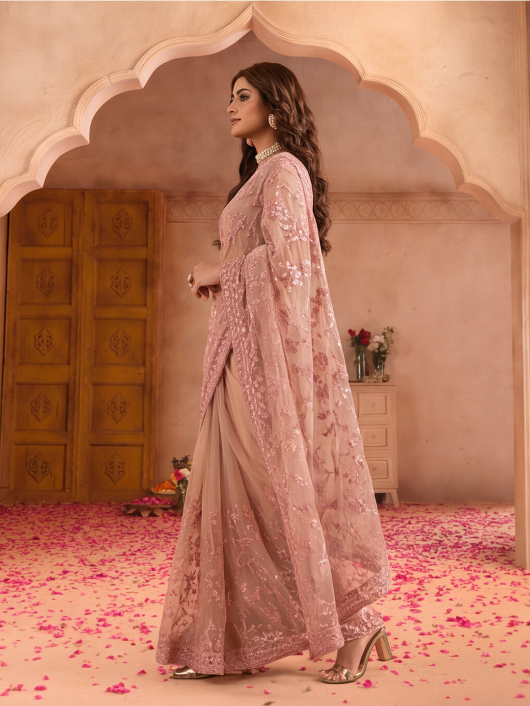 Blush Pink Embroidered Sheer Saree with Floral Motifs