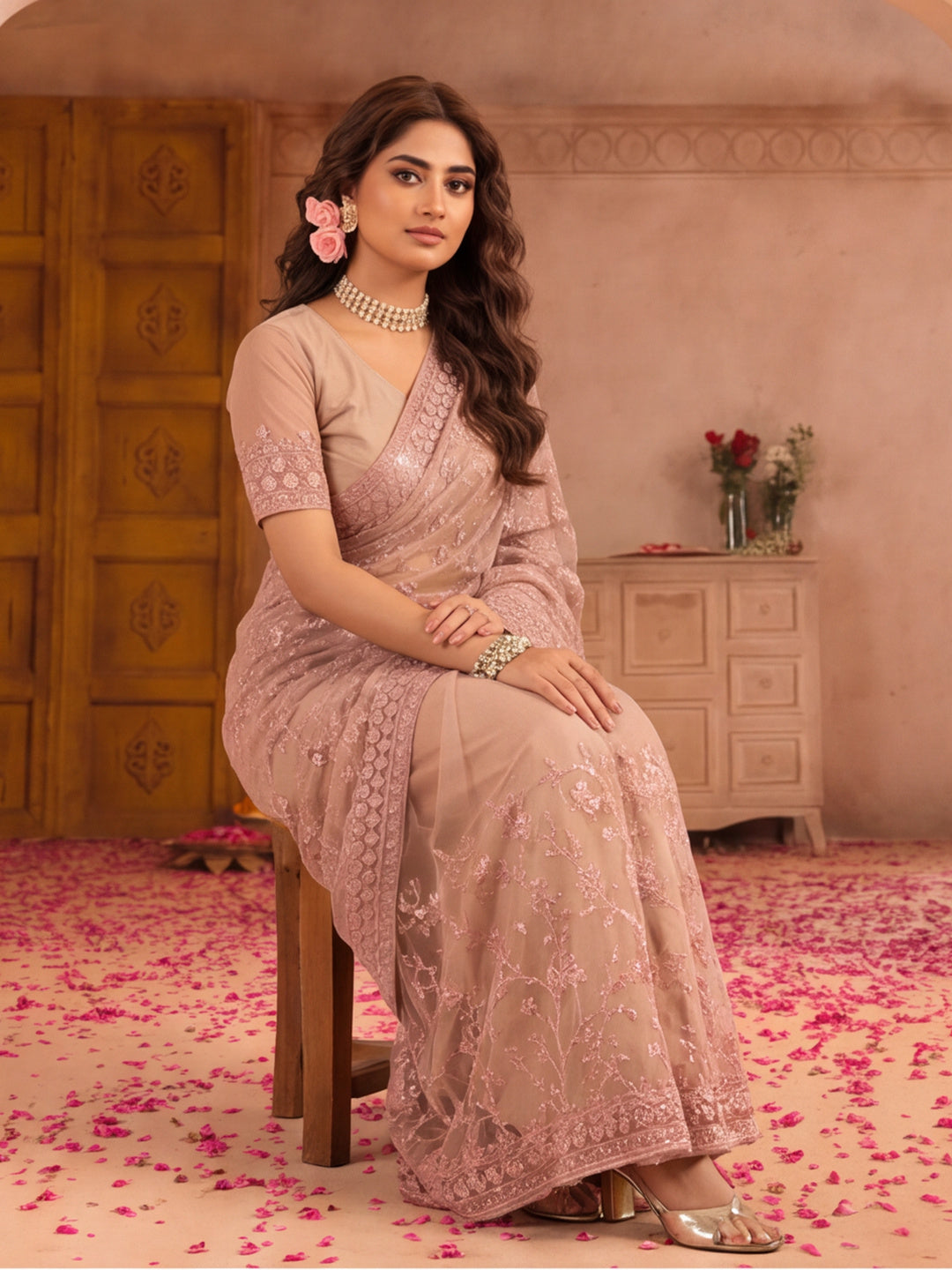 Blush Pink Embroidered Sheer Saree with Floral Motifs